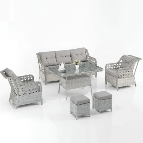 Exclusive Garden Rattan Puflu Bahçe Balkon Takımı 3+1+1 Gri Set